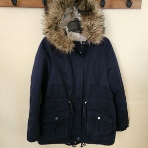 H&M Navy Parka with Faux Fur Hood